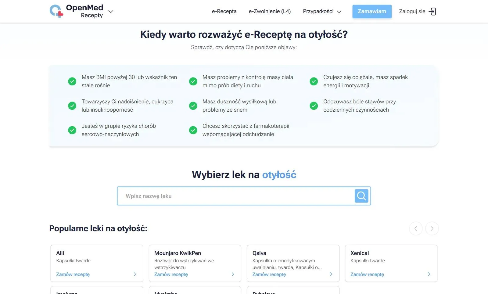 Podstrona e-recepty na otyłość na recepty.openmed.pl: lista objawów, wyszukiwarka leków i karty popularnych leków z przyciskiem Zamów receptę