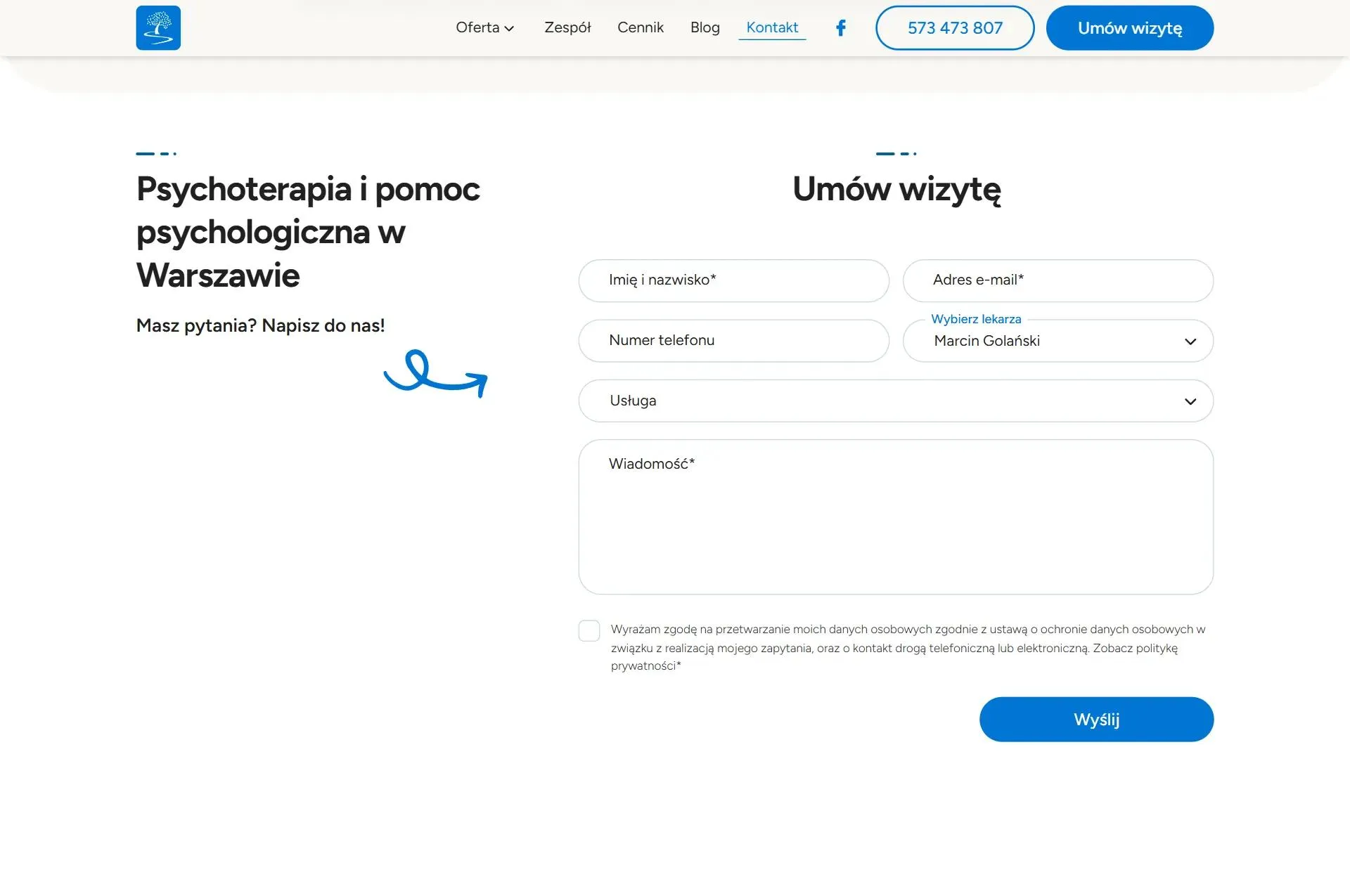 The Book a visit form on the contact page with specialist Marcin Golański already selected, and fields for personal details, service and message