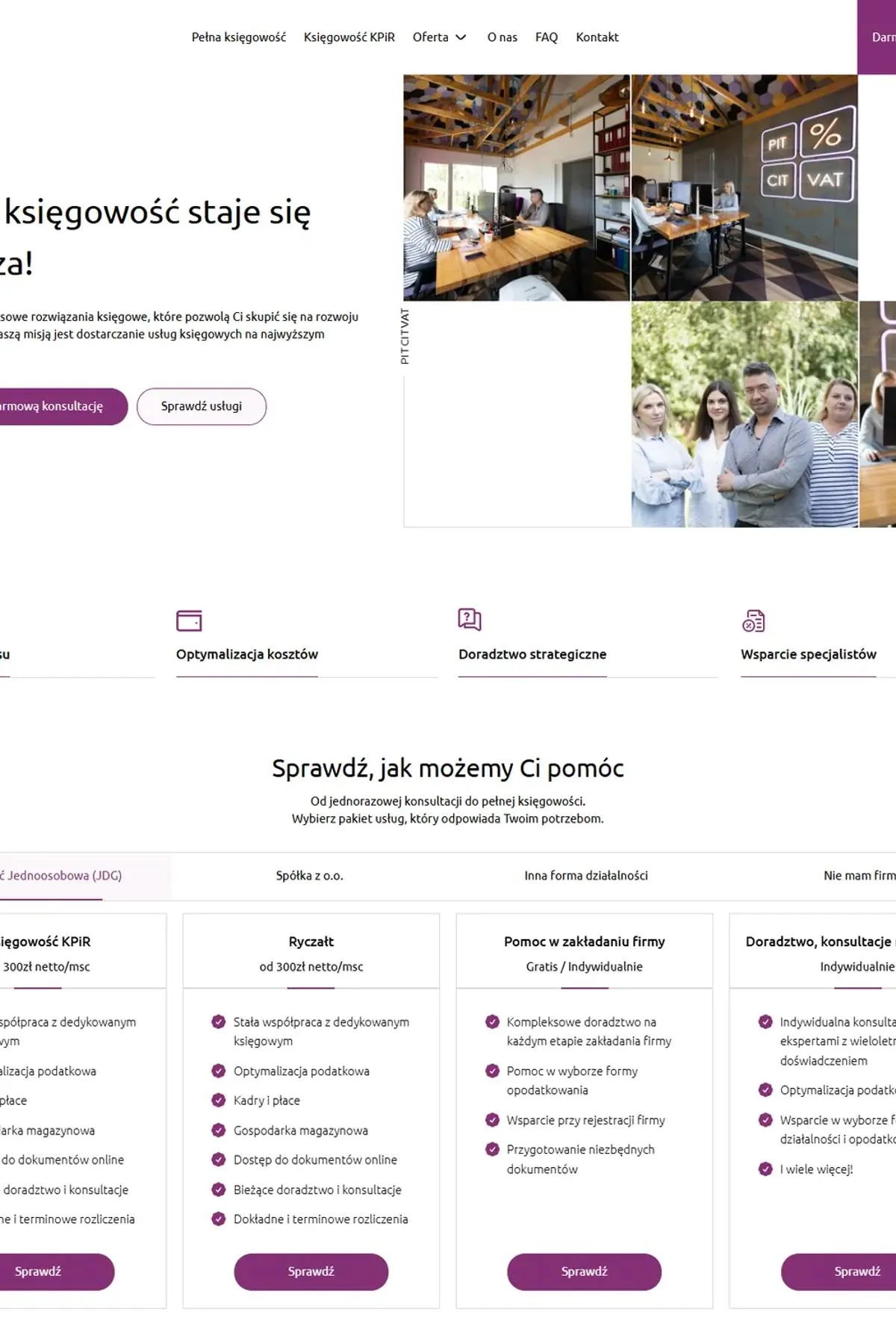 PitCitVat: strona biura księgowego z cenami pakietów i zdjęciami zespołu przy pracy