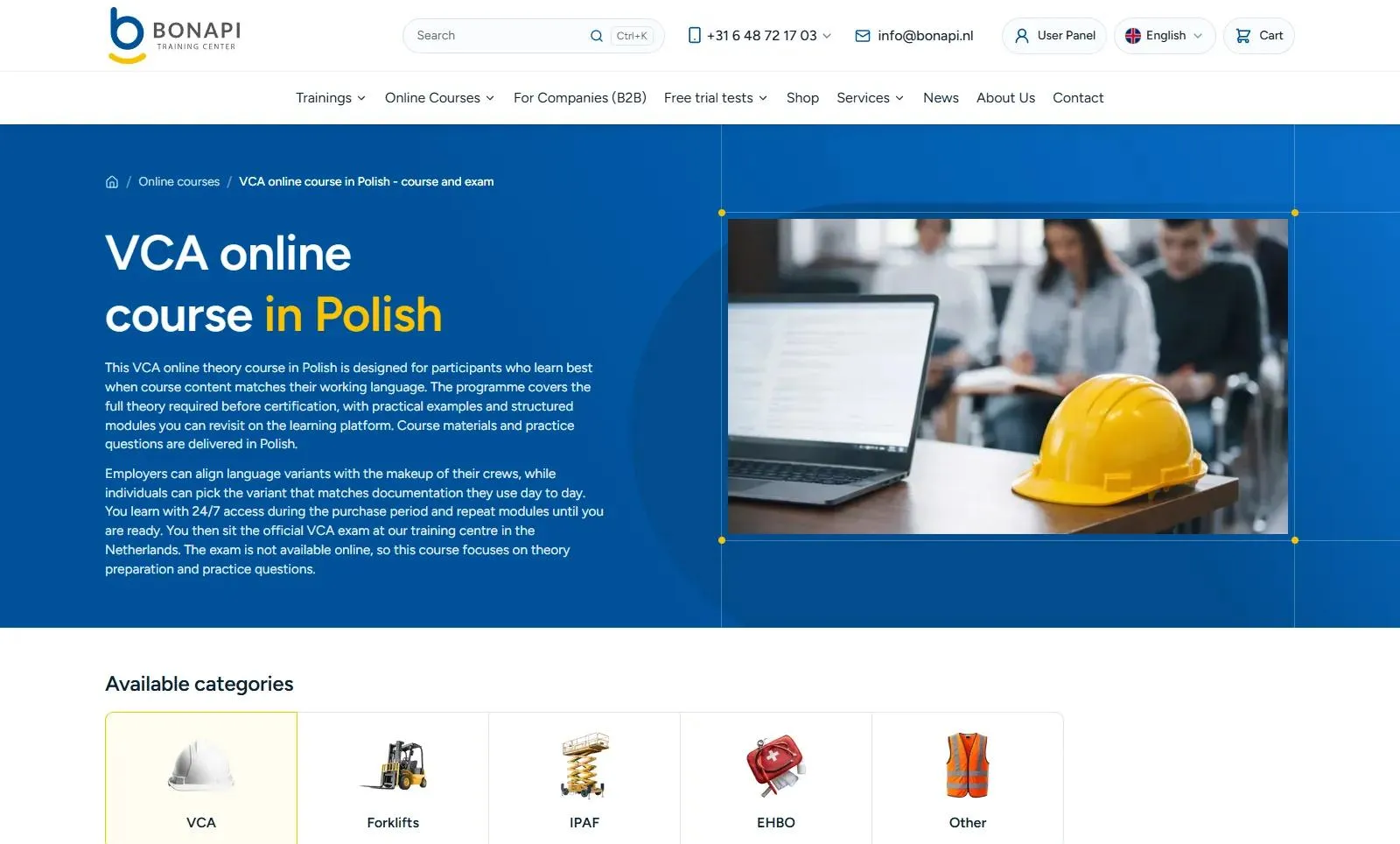Lista kursów online VCA po polsku na bonapi.nl.