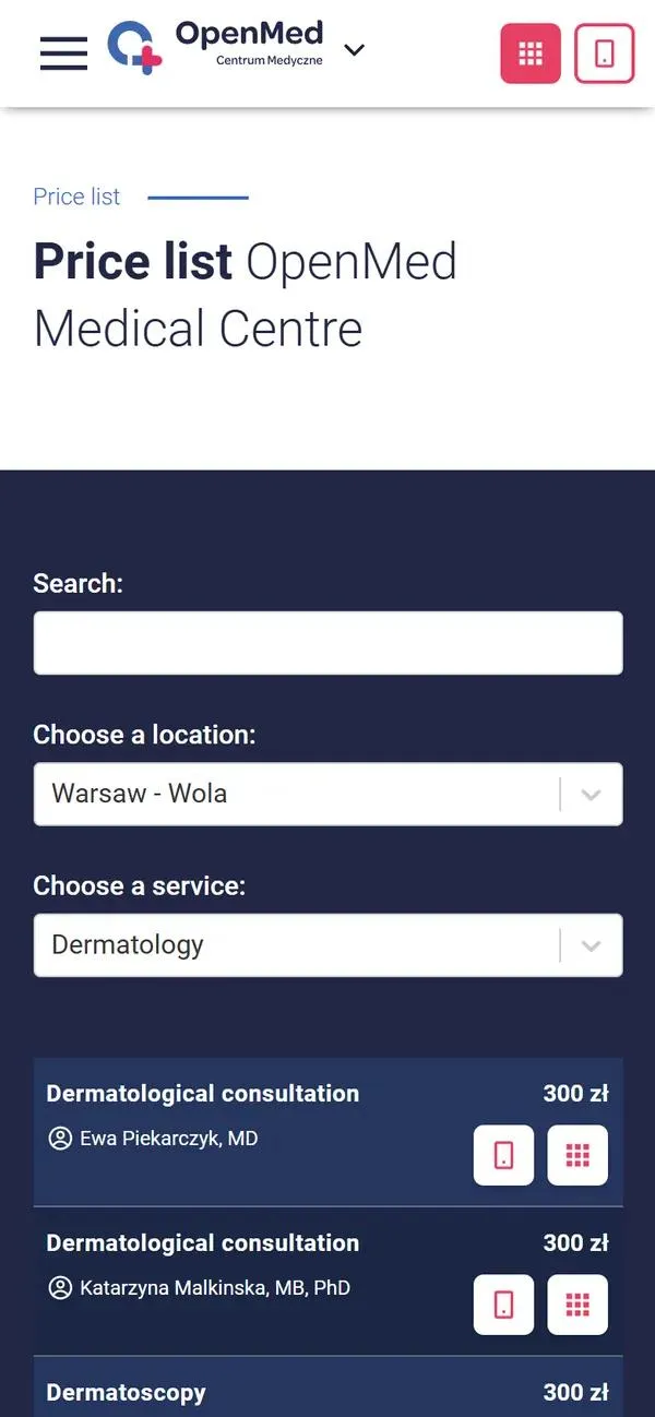 Angielski cennik openmed.pl na telefonie: placówka Warsaw - Wola, dermatologia, konsultacje z nazwiskiem lekarza i ceną