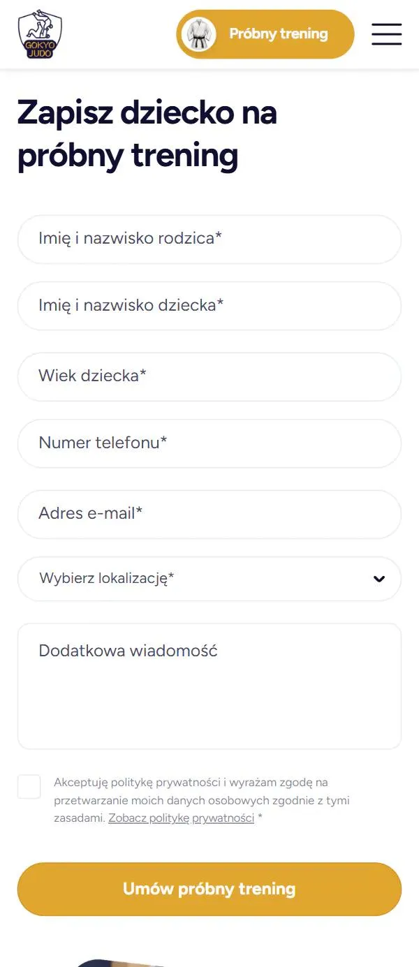 Formularz zapisu na trening próbny w wersji mobilnej z wyborem lokalizacji