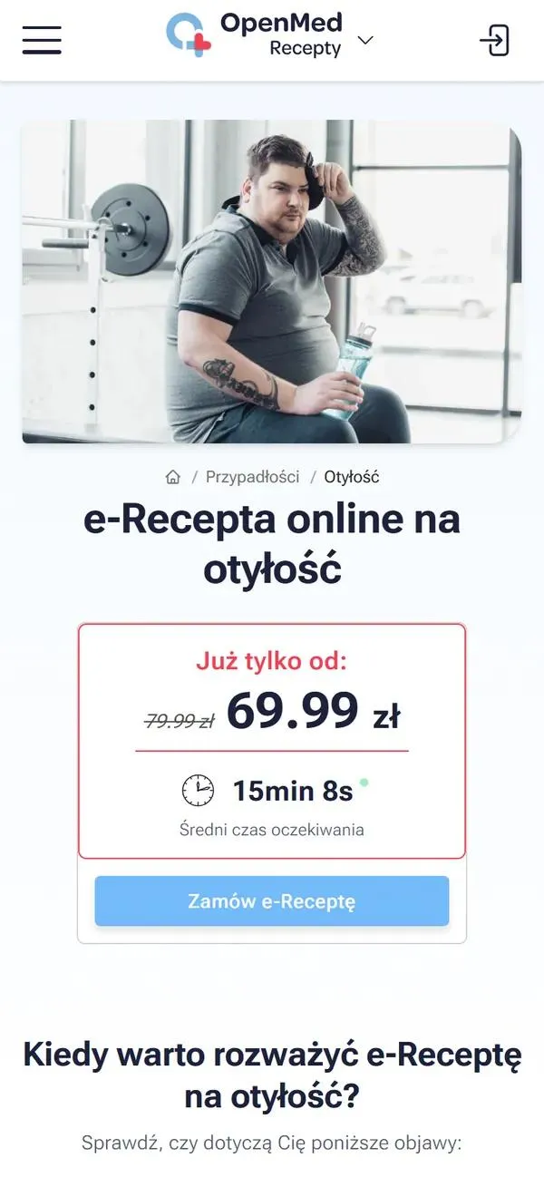 Podstrona e-recepty na otyłość na telefonie: zdjęcie, cena konsultacji, średni czas oczekiwania i przycisk Zamów e-Receptę