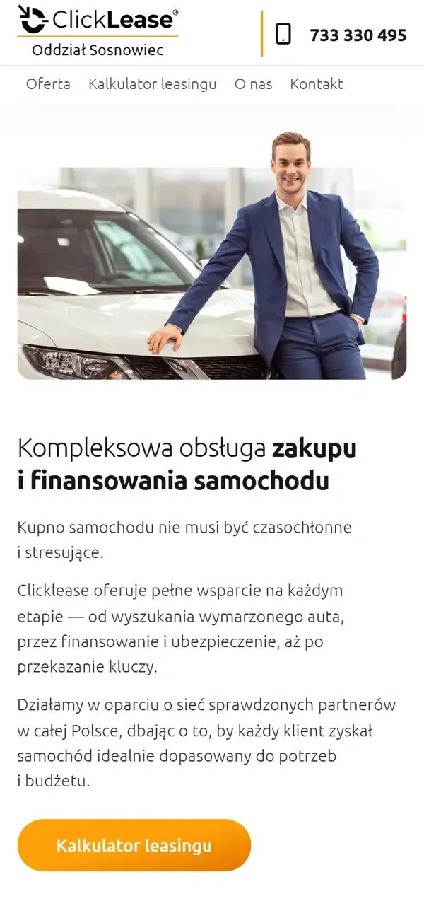 Blok oferty Kompleksowa obsługa zakupu i finansowania samochodu na stronie ClickLease Sosnowiec w wersji mobilnej, z przyciskiem Kalkulator leasingu