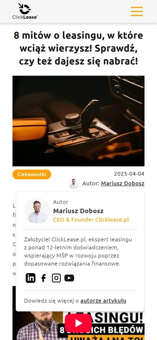 Wpis na blogu ClickLease o mitach leasingowych z kategorią, datą i otwartą ramką autora Mariusza Dobosza z biogramem