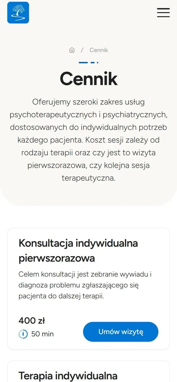 Price list on mobile: first individual consultation with the price, duration and a Book a visit button