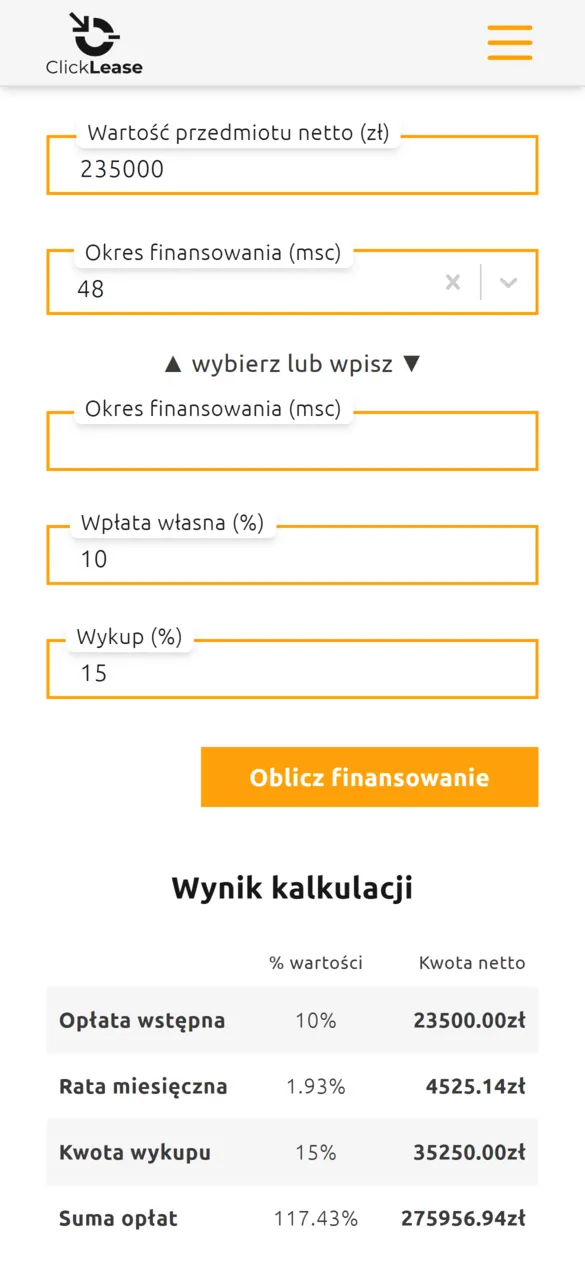 Kalkulator leasingu online na telefonie: wartość przedmiotu, okres, wpłata własna i wykup oraz tabela z ratą miesięczną i sumą opłat