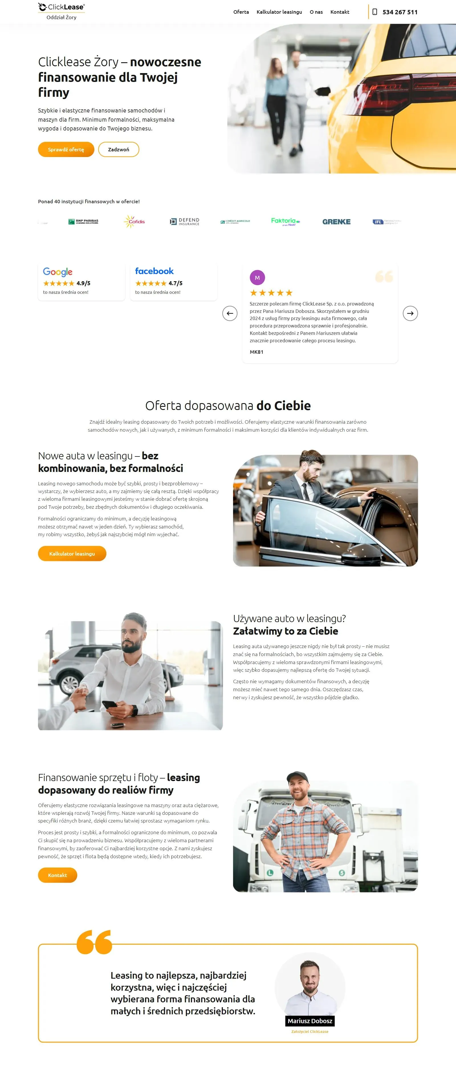 Górna część strony internetowej oddziału ClickLease w Żorach: nazwa oddziału w logo, telefon w menu, instytucje finansowe, opinie i oferta leasingu