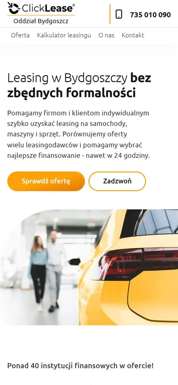 Pierwszy ekran strony ClickLease Bydgoszcz na telefonie: nazwa oddziału w logo, numer w górnym pasku, hasło Leasing w Bydgoszczy i przycisk Zadzwoń