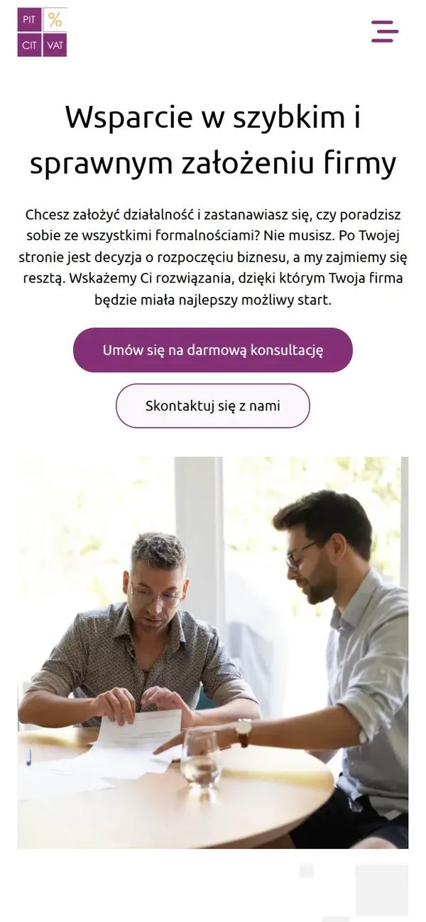 Podstrona Wsparcie przy zakładaniu firmy na telefonie: nagłówek, opis, przycisk darmowej konsultacji i zdjęcie rozmowy nad dokumentami