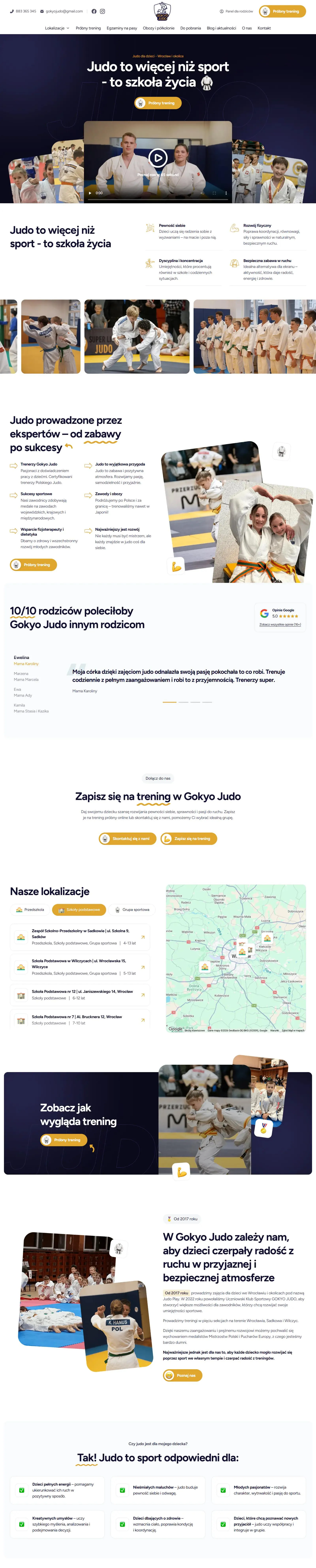Strona główna gokyo-judo.pl: hero z filmem, korzyści z judo, eksperci, opinie rodziców, zapis, mapa lokalizacji i opis klubu