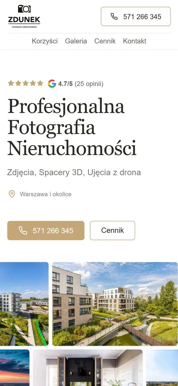 Pierwszy ekran zdunekfoto.pl na telefonie: ocena w Google, nagłówek Profesjonalna Fotografia Nieruchomości, przyciski z numerem i do cennika