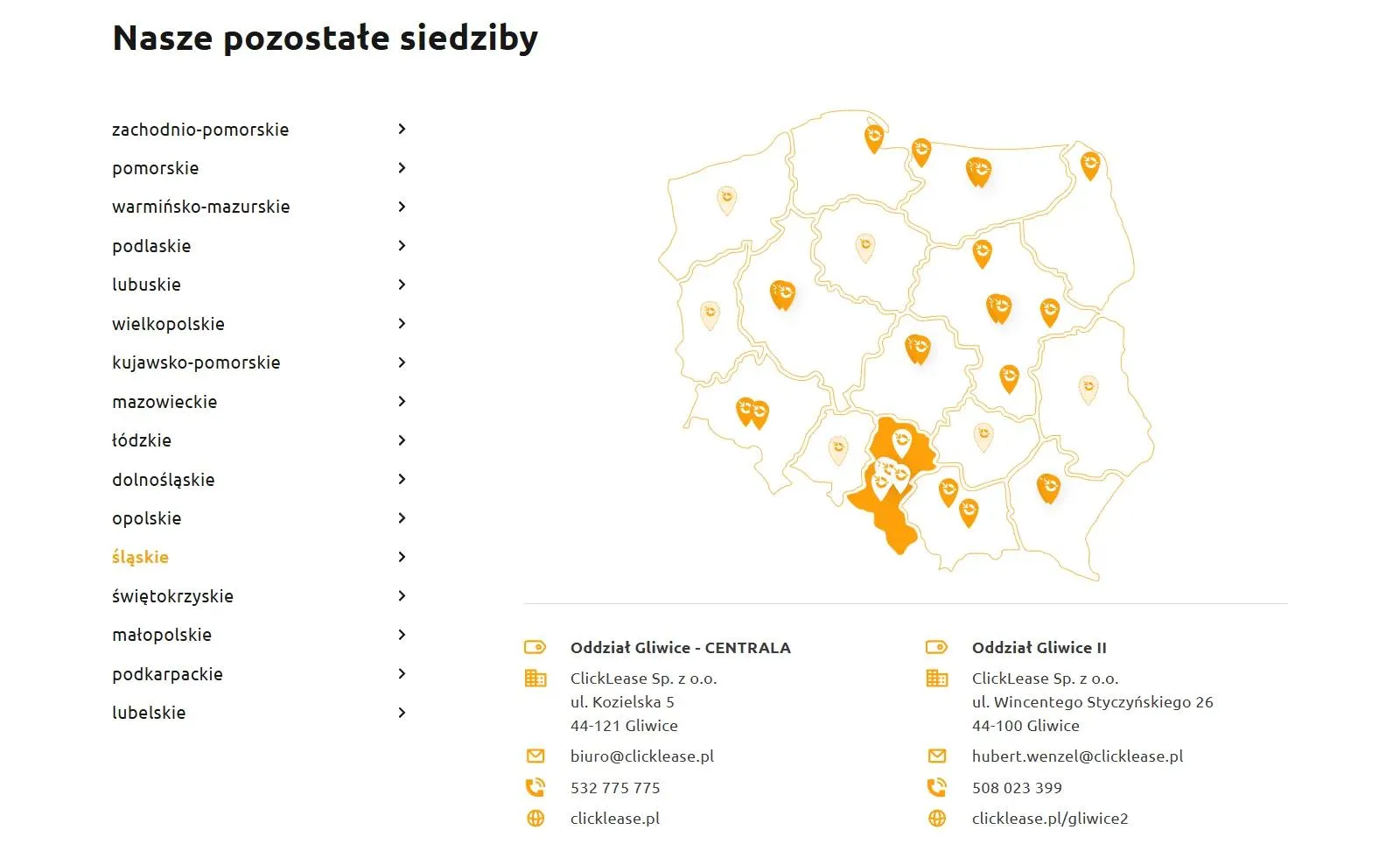 Interaktywna mapa oddziałów ClickLease z listą województw, zaznaczonym śląskim i danymi kontaktowymi oddziałów w Gliwicach