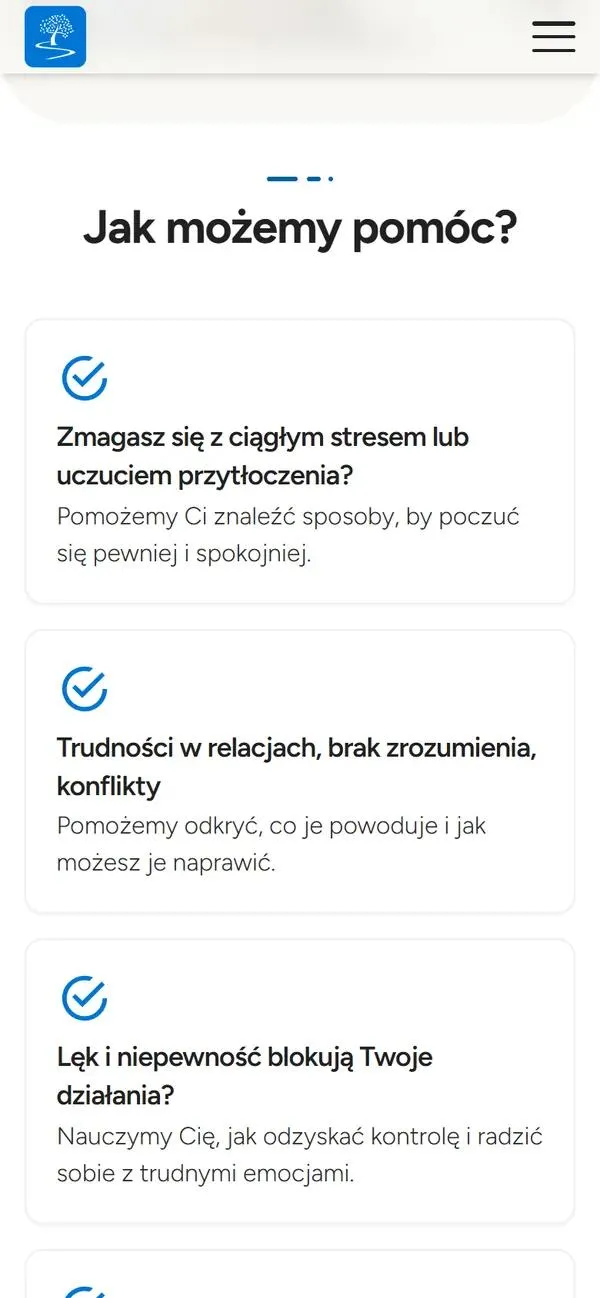 The How can we help? list from the individual therapy page on mobile: constant stress, relationship difficulties and anxiety, each with a short answer