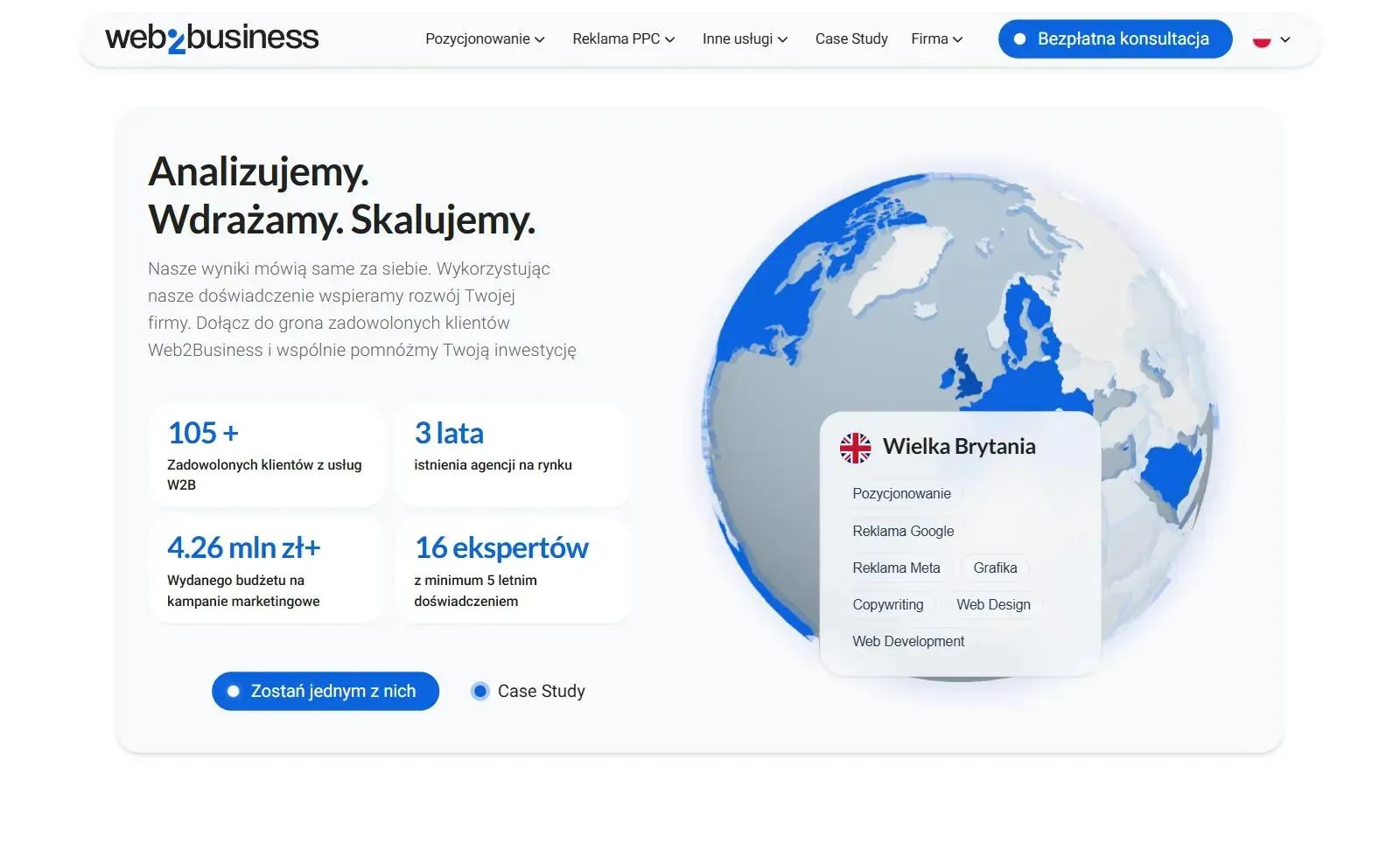 Sekcja z globusem na stronie głównej W2B: zaznaczone kraje, karta Wielkiej Brytanii z usługami i cztery liczniki agencji