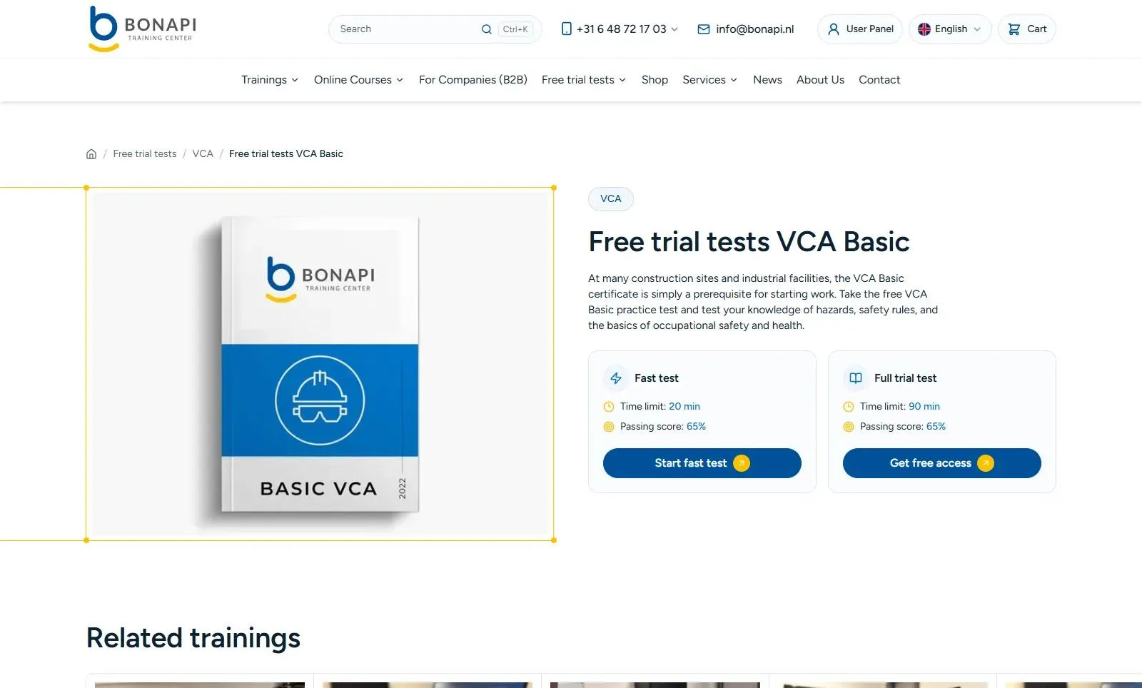 Strona darmowego testu próbnego VCA Basic na bonapi.nl z wyborem szybkiego testu i pełnego testu.