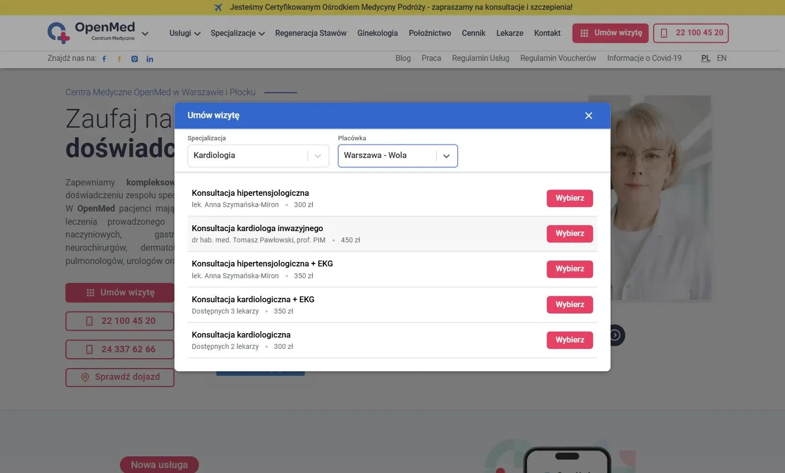 Okno Umów wizytę na openmed.pl: wybrana specjalizacja i placówka oraz lista konsultacji z ceną i przyciskiem Wybierz