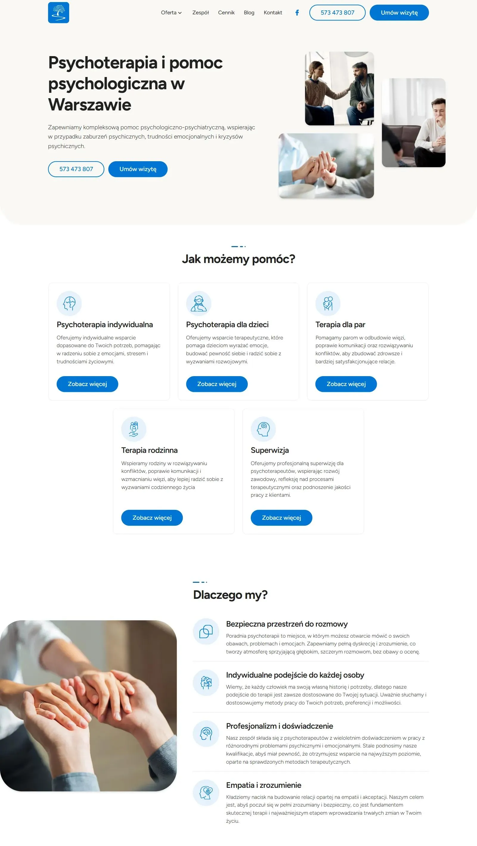 Top of the psychoterapiarodzin.pl home page: a hero with photos of conversations, cards for five types of help and a Why us? section with four reasons