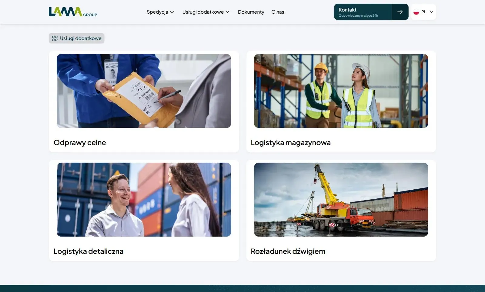 Kafelki ze zdjęciami czterech usług dodatkowych: odprawy celne, logistyka magazynowa, logistyka detaliczna i rozładunek dźwigiem