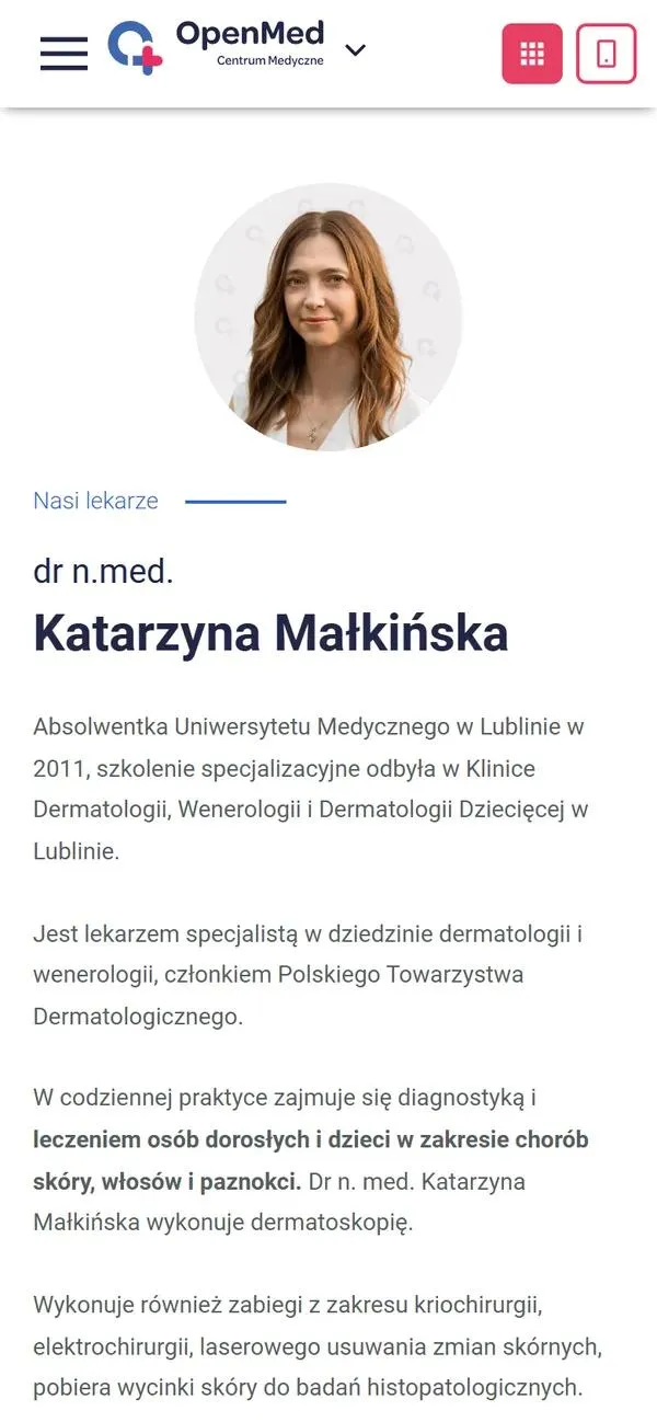 Profil lekarki na openmed.pl na telefonie: zdjęcie, tytuł, imię i nazwisko oraz opis wykształcenia i zakresu leczenia