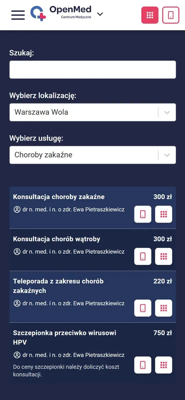 Cennik openmed.pl na telefonie: placówka Warszawa Wola, choroby zakaźne, usługi z lekarzem i ceną oraz uwaga przy szczepionce HPV