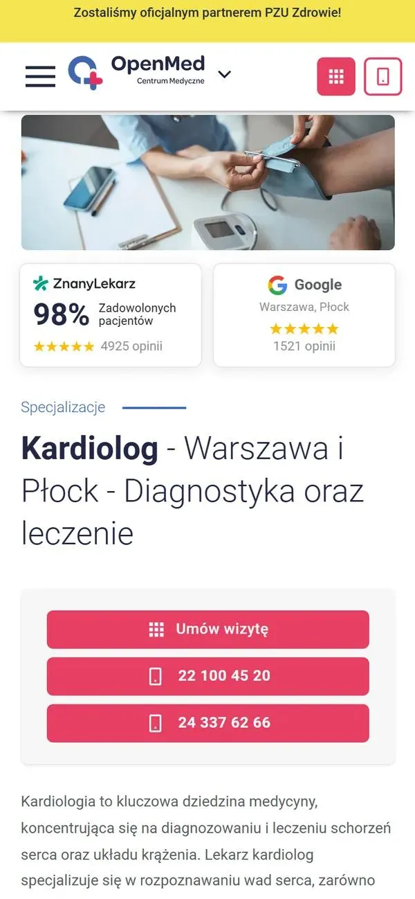 Podstrona kardiologii na openmed.pl na telefonie: zdjęcie, oceny pacjentów, nagłówek Kardiolog - Warszawa i Płock i przyciski rejestracji