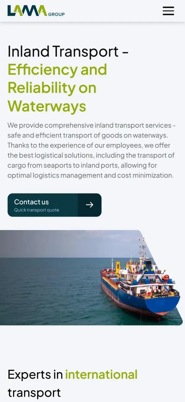 Angielska wersja podstrony przewozów śródlądowych na telefonie: nagłówek Inland Transport, opis usługi, przycisk Contact us i zdjęcie statku