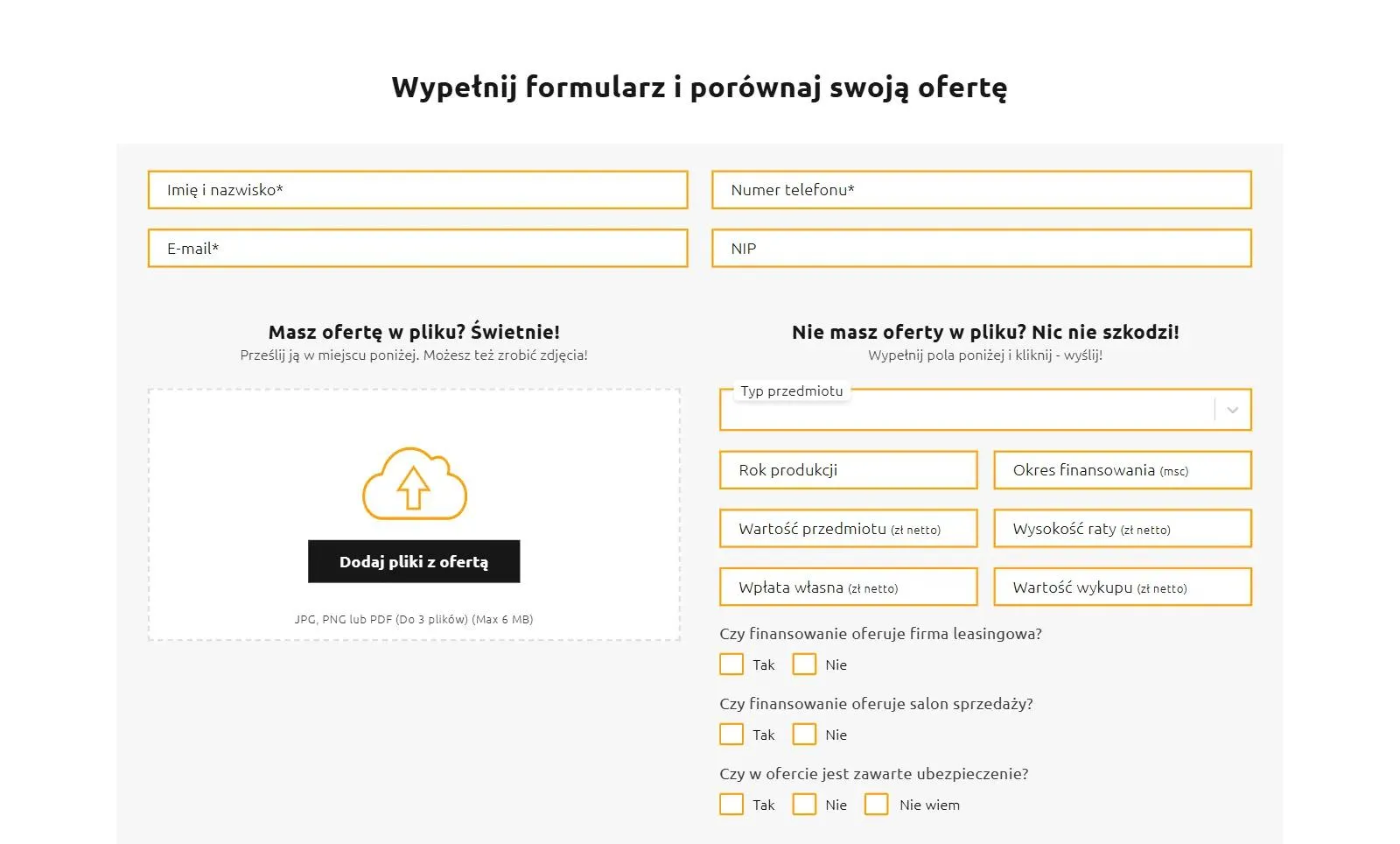 Formularz porównywarki ofert leasingu na clicklease.pl z polem na plik z ofertą, parametrami finansowania i pytaniem o ubezpieczenie