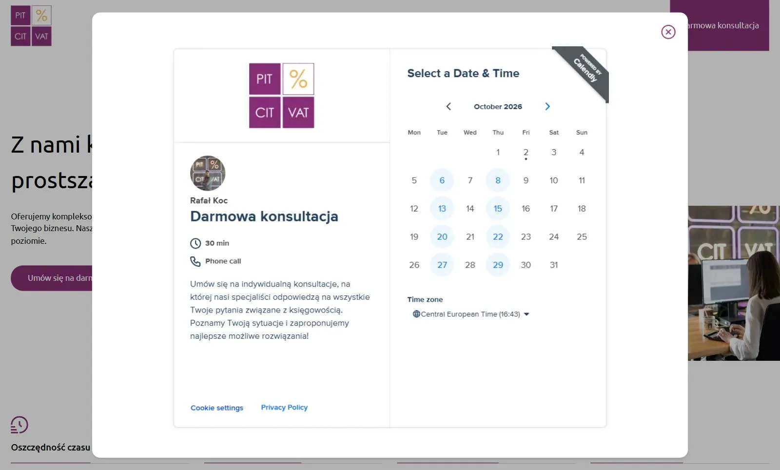 Okno Calendly na stronie PitCitVat: darmowa, 30-minutowa konsultacja telefoniczna z Rafałem Kocem i kalendarz z wolnymi terminami