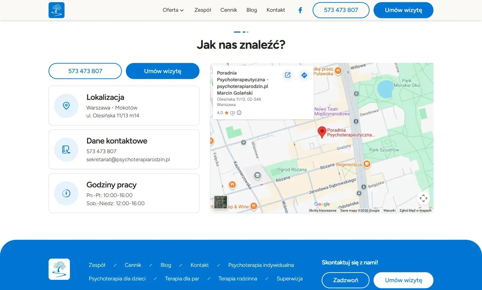 The How to find us? section: the address on Olesińska Street in Mokotów, phone, e-mail, opening hours and a Google map