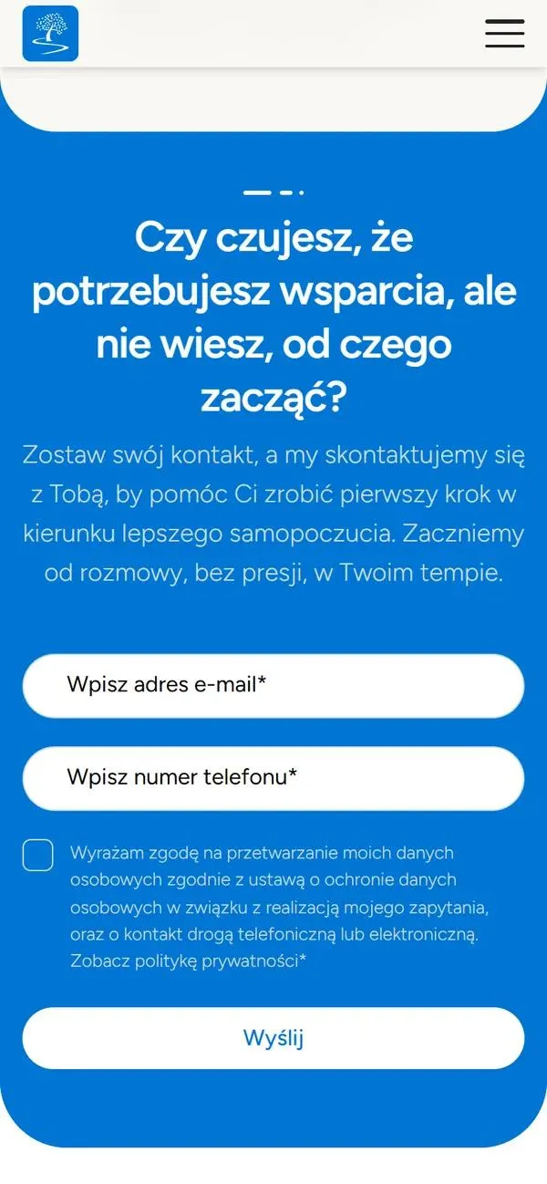 Short mobile form under the question whether you feel you need support: e-mail and phone fields and consent to be contacted