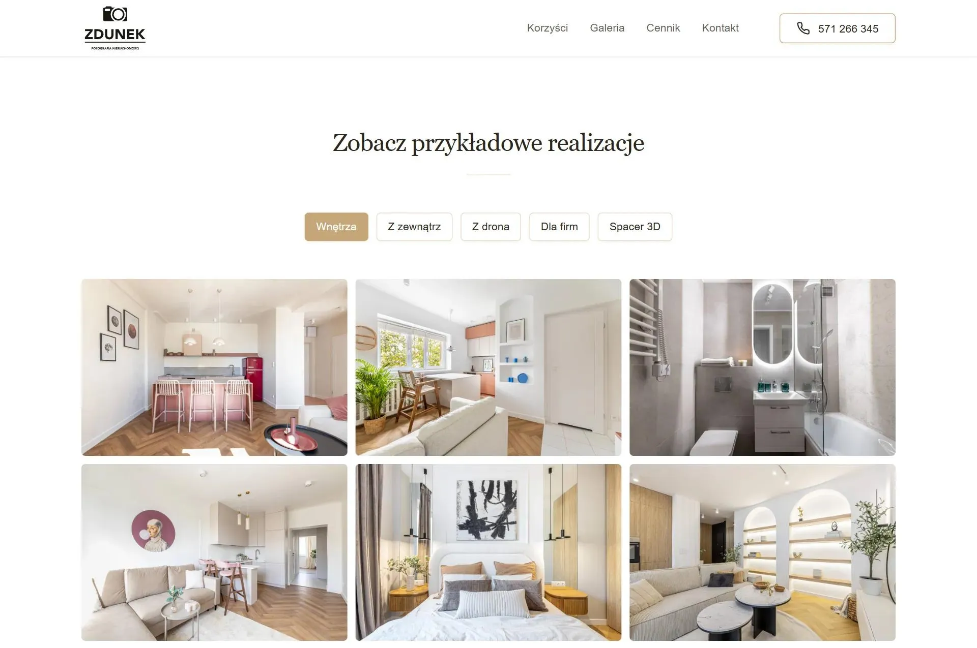 Galeria zdunekfoto.pl z zakładkami Wnętrza, Z zewnątrz, Z drona, Dla firm i Spacer 3D, otwarta na zdjęciach wnętrz