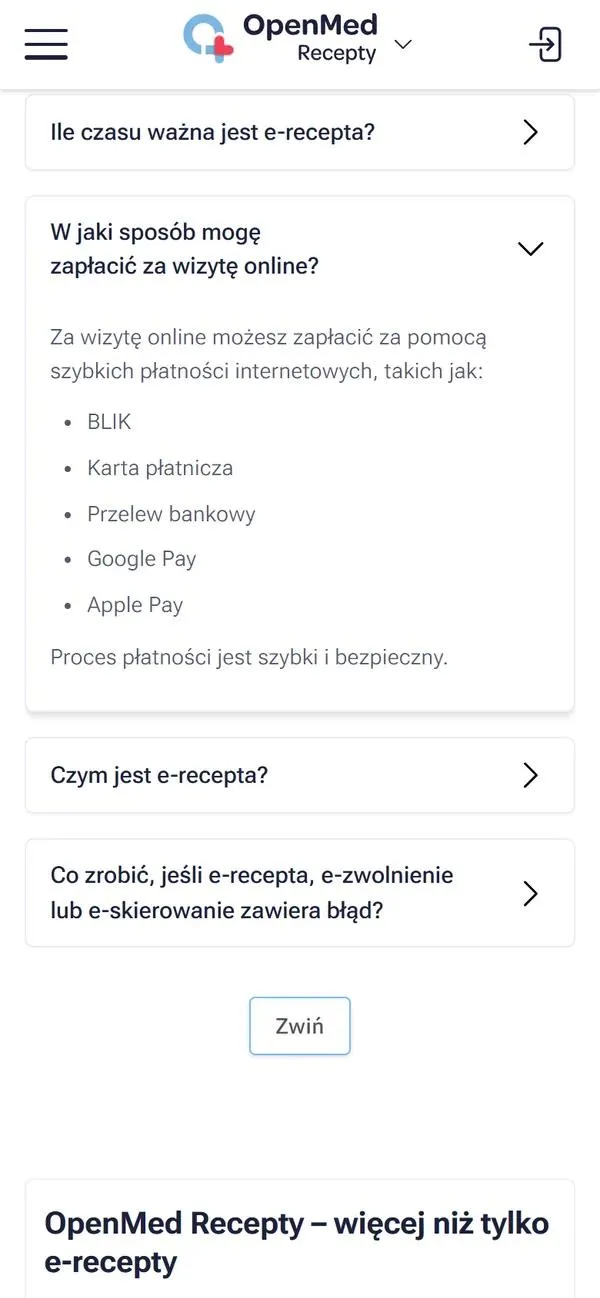Rozwinięte pytanie z FAQ na telefonie: płatność za wizytę online przez BLIK, kartę, przelew, Google Pay lub Apple Pay