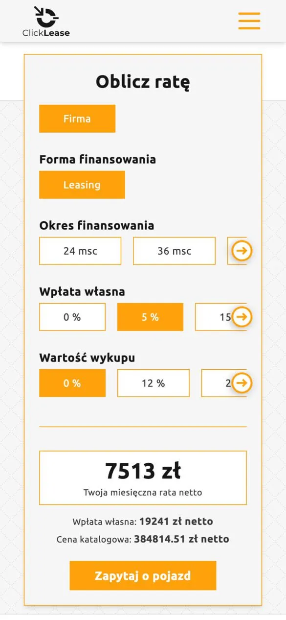 Kalkulator raty na podstronie auta: okres, wpłata własna, wykup, miesięczna rata netto i przycisk Zapytaj o pojazd