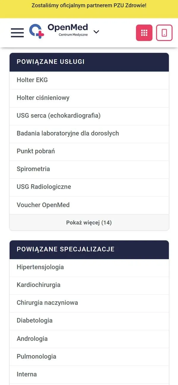 Bloki Powiązane usługi i Powiązane specjalizacje na podstronie kardiologii w wersji mobilnej