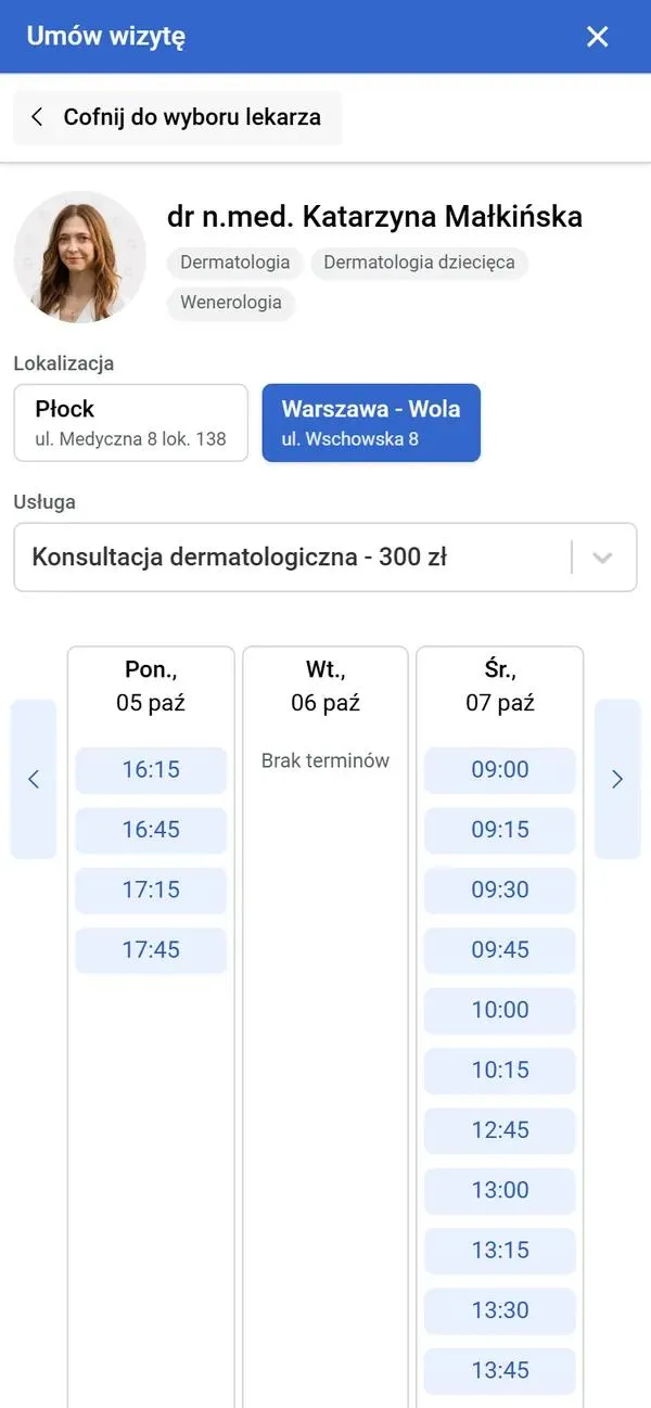 Okno umawiania wizyty na openmed.pl: lekarka, specjalizacje, wybór placówki, konsultacja dermatologiczna za 300 zł i wolne terminy
